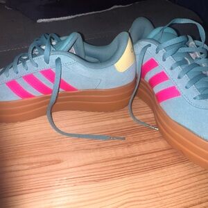 adidas Light Blue Suede Platform Sneakers with Hot Pink Stripes